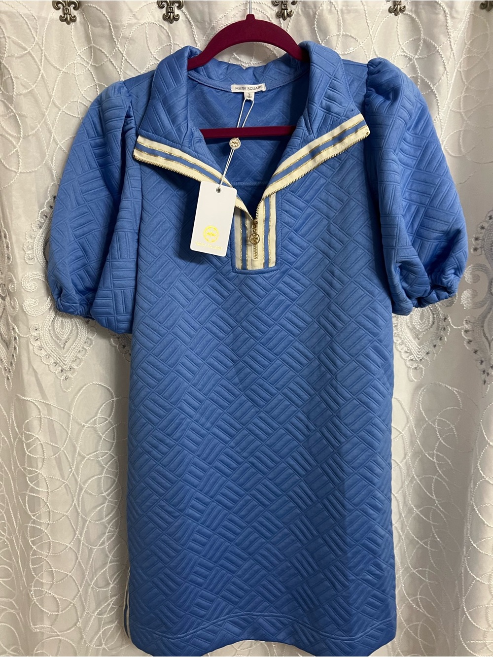 Ladies Blue Quilted Sailor Dress with Puff Sleeves by Mary Square